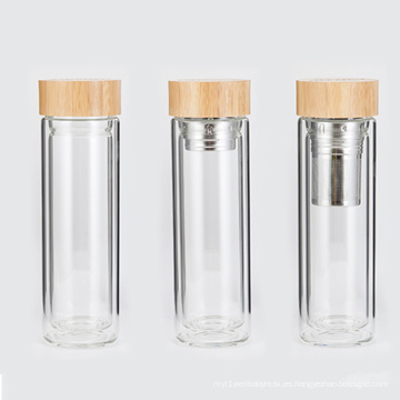 Botella de agua infusor de té de vidrio de doble pared segura sin Bpa de bambú de 400 ml